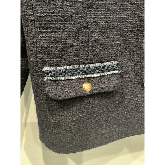 Talbots Contrast Trim Tweed Jacket Size 16P 16 Lady Blazer Navy Blue Preppy Ivy - Picture 10 of 12